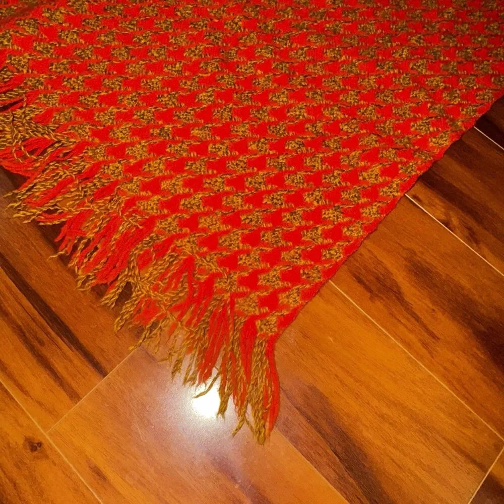 Vintage 60s 70s Pendleton Wool Houndstooth Fringed Throw Blanket Orange 53 x 62